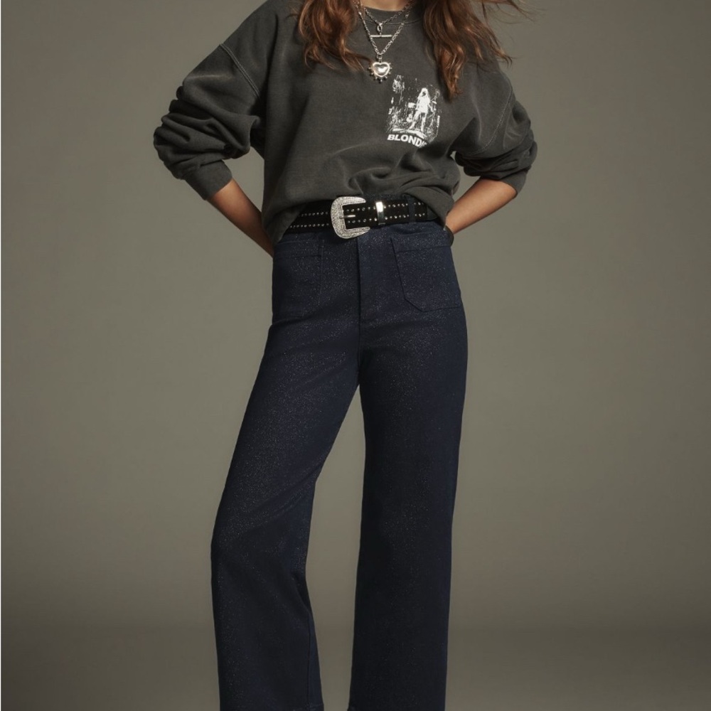 Anthropologie Maeve The Colette Wide Leg Cropped Women's Dark Blue Sparkle Jeans